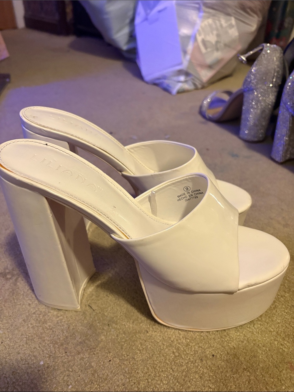 Liliana White Patent Platform Slide Heels